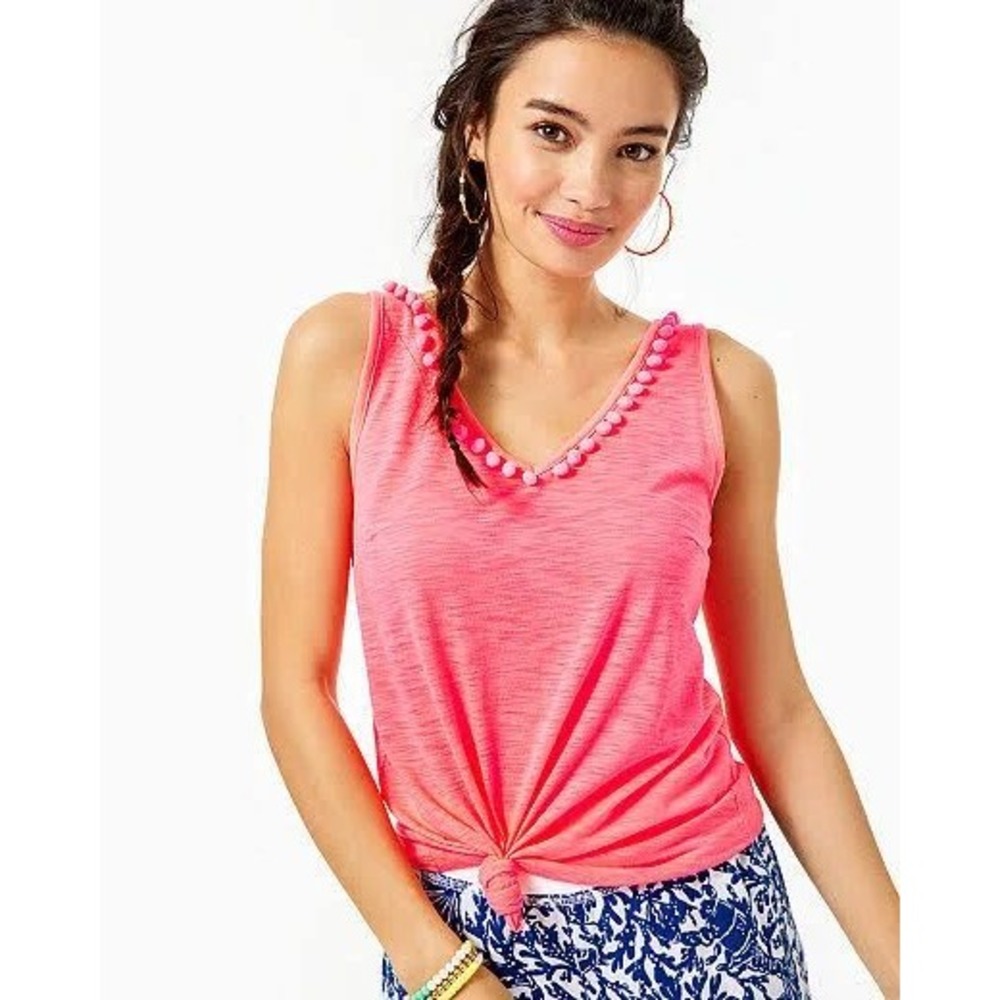 Lilly Pulitzer Gigi Tank Top Size XXS Love Potion Pink Pom Pom V-Neck Slub Knit